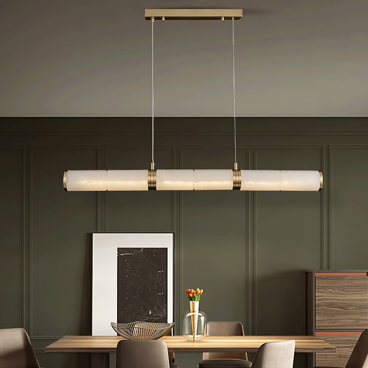 Beam Pendant Light for Kitchen Island & Dining – Brass Alabaster Linear Bar Chandelier, Modern Warm White Ceiling Light