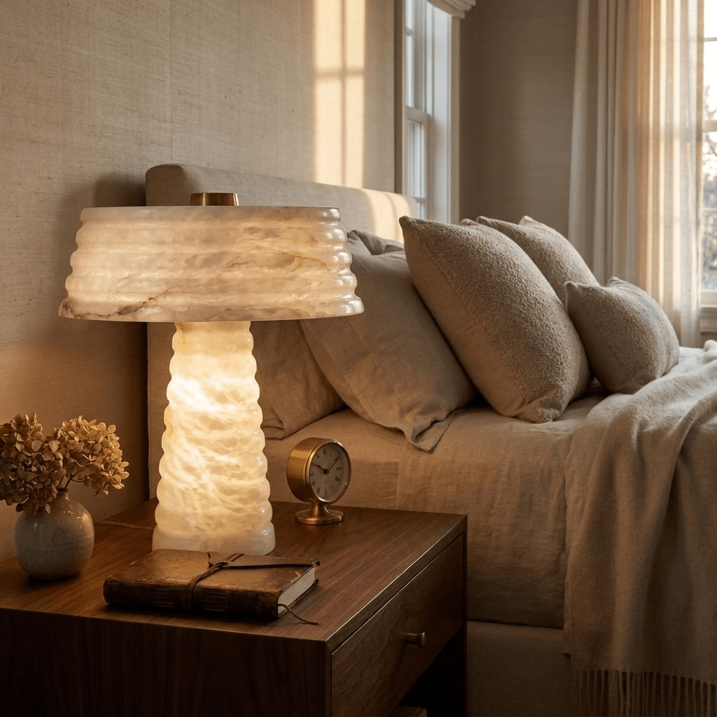 Layered Table Lamp for Bedside & Console – Slim Alabaster Accent Lamp, Modern Warm White & Gold Bedroom Desk & Shelf Light