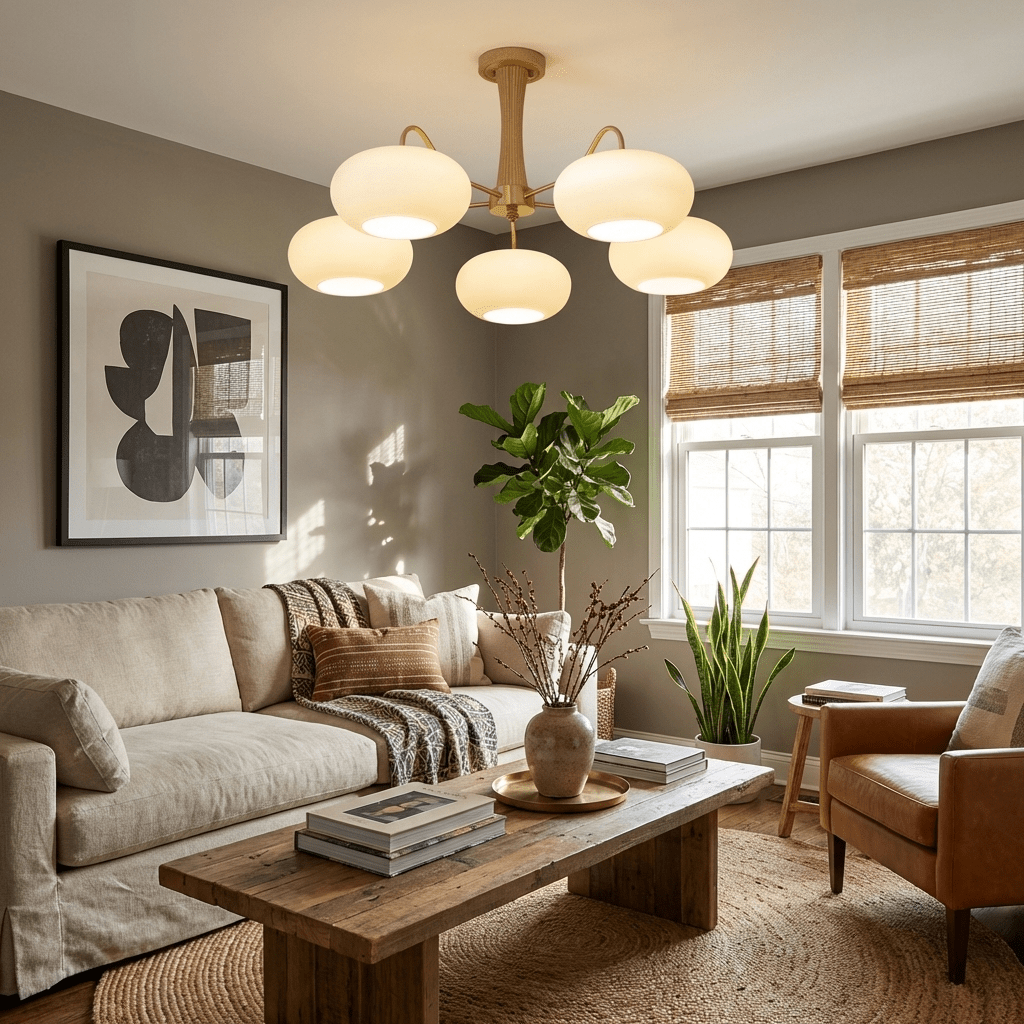 Brass Cluster Chandelier for Dining Room & Entryway – Walnut Glass Shade LED Statement Chandelier, Modern Living Room Ceiling Light