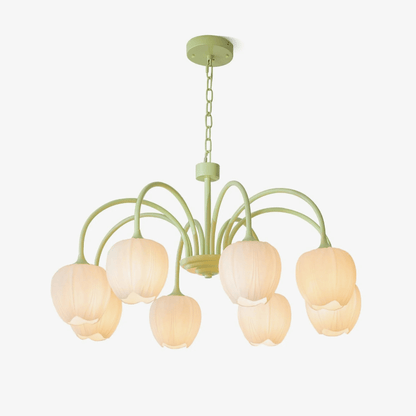 Green Tulip Chandelier for Dining Room & Living Room – Matcha Glass Shade LED Ceiling Light, Modern Floral Entryway Statement Chandelier