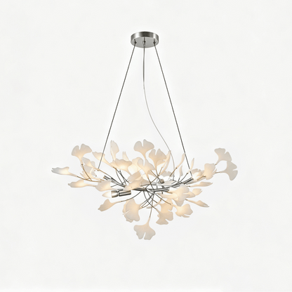 Ginkgo Leaf Chandelier for Dining Room & Living Room – Brass Sculptural LED Statement Chandelier, Modern Foyer & Stairwell Ceiling Light
