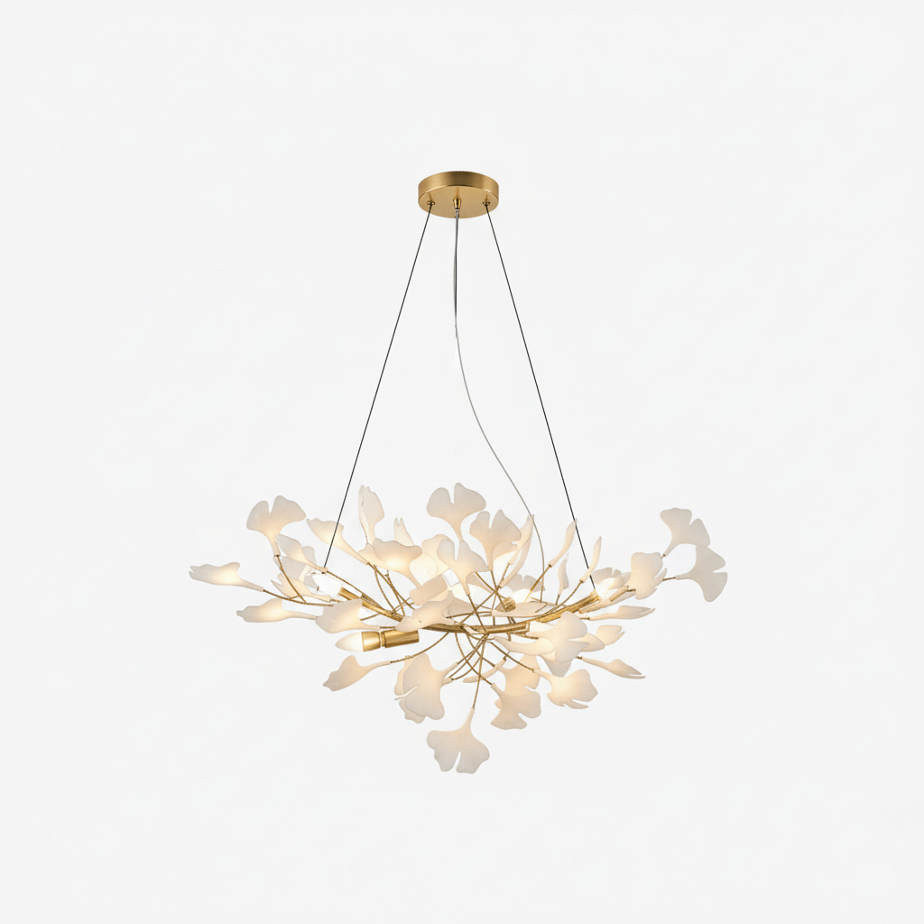 Ginkgo Leaf Chandelier for Dining Room & Living Room – Brass Sculptural LED Statement Chandelier, Modern Foyer & Stairwell Ceiling Light