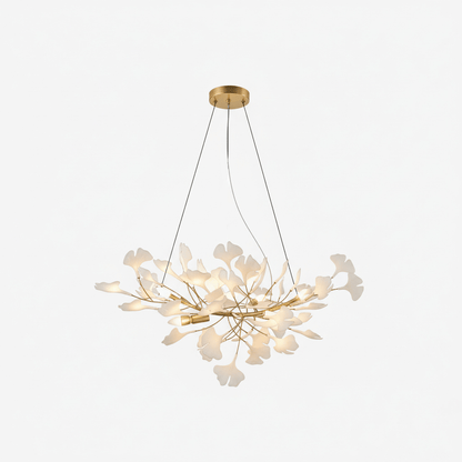 Ginkgo Leaf Chandelier for Dining Room & Living Room – Brass Sculptural LED Statement Chandelier, Modern Foyer & Stairwell Ceiling Light