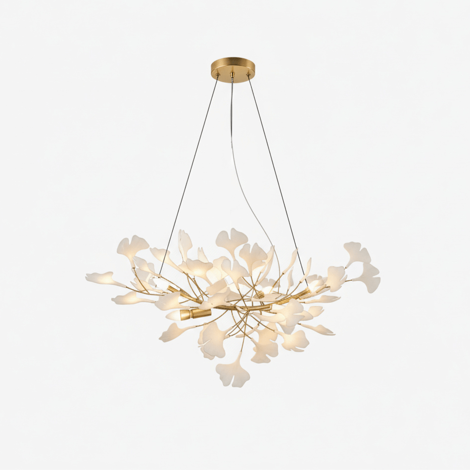 Ginkgo Leaf Chandelier for Dining Room & Living Room – Brass Sculptural LED Statement Chandelier, Modern Foyer & Stairwell Ceiling Light