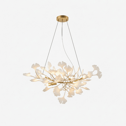 Ginkgo Leaf Chandelier for Dining Room & Living Room – Brass Sculptural LED Statement Chandelier, Modern Foyer & Stairwell Ceiling Light