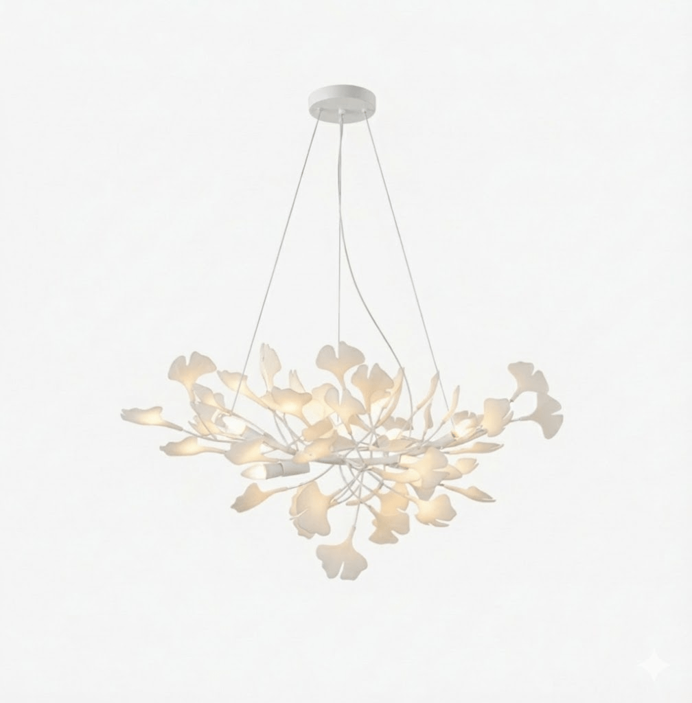 Ginkgo Leaf Chandelier for Dining Room & Living Room – Brass Sculptural LED Statement Chandelier, Modern Foyer & Stairwell Ceiling Light