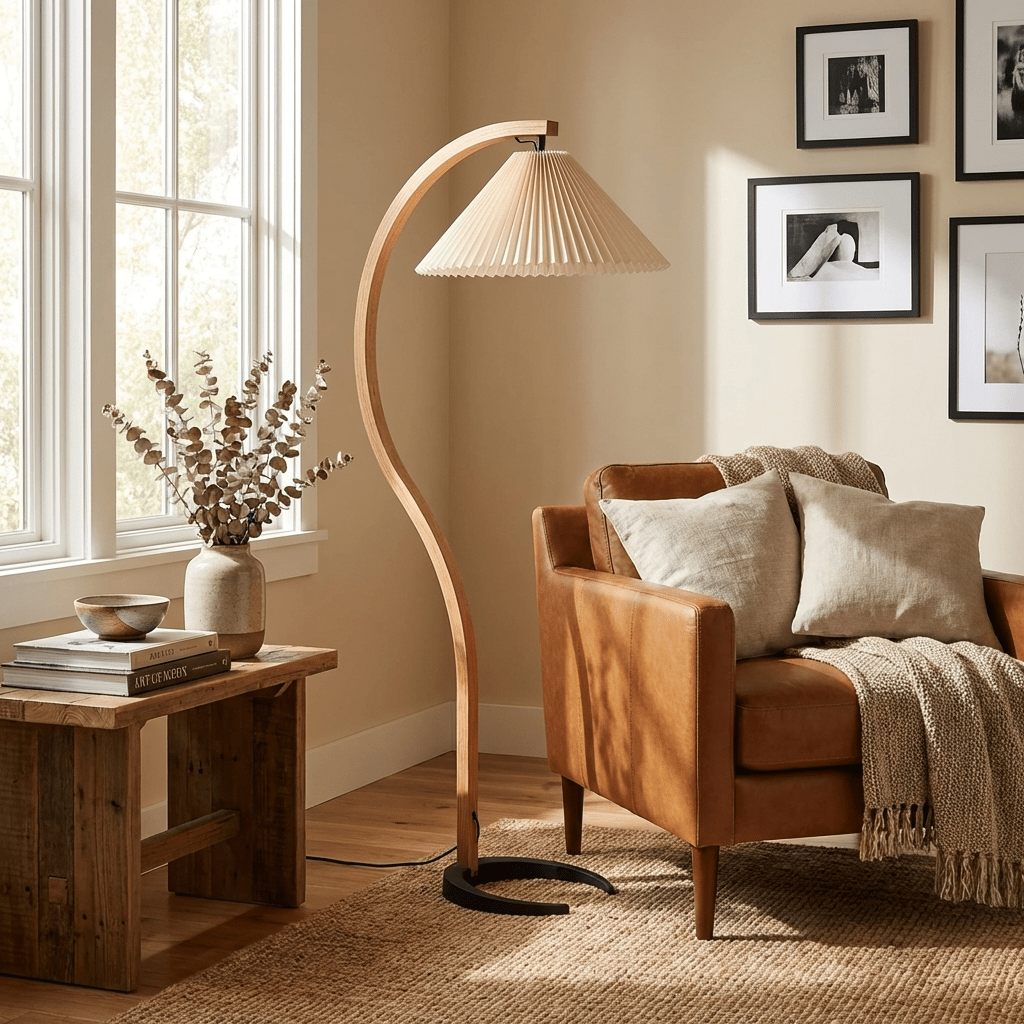 Bentwood Floor Lamp for Living Room & Reading Corner – Arc Beech Wood Standing Lamp, Linen Shade Mid-Century Bedroom Floor Light