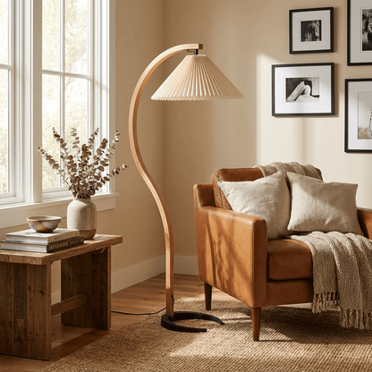Bentwood Floor Lamp for Living Room & Reading Corner – Arc Beech Wood Standing Lamp, Linen Shade Mid-Century Bedroom Floor Light