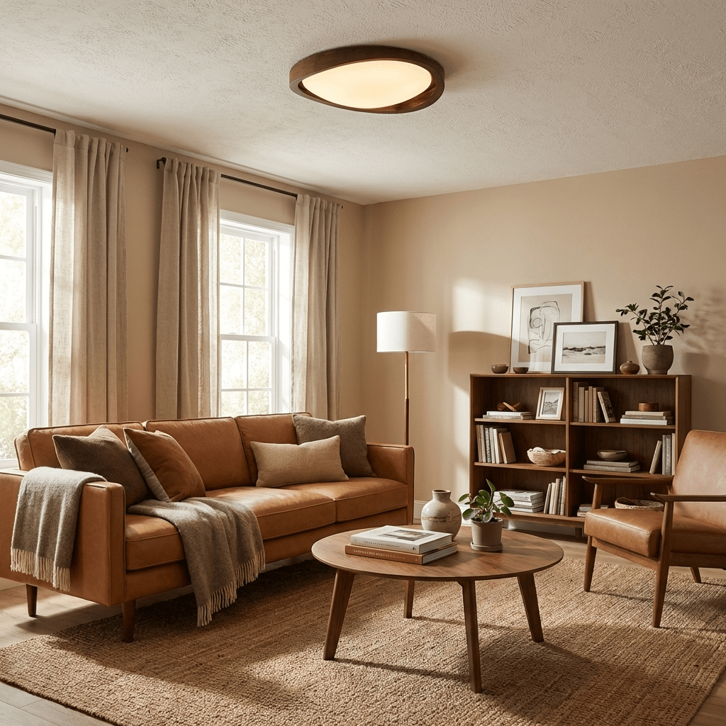 Walnut Ceiling Light for Bedroom & Living Room – Curved Wood Edge LED Flush Mount, Modern Minimalist Hallway & Kitchen Fixture