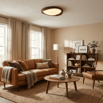 Walnut Ceiling Light for Bedroom & Living Room – Curved Wood Edge LED Flush Mount, Modern Minimalist Hallway & Kitchen Fixture
