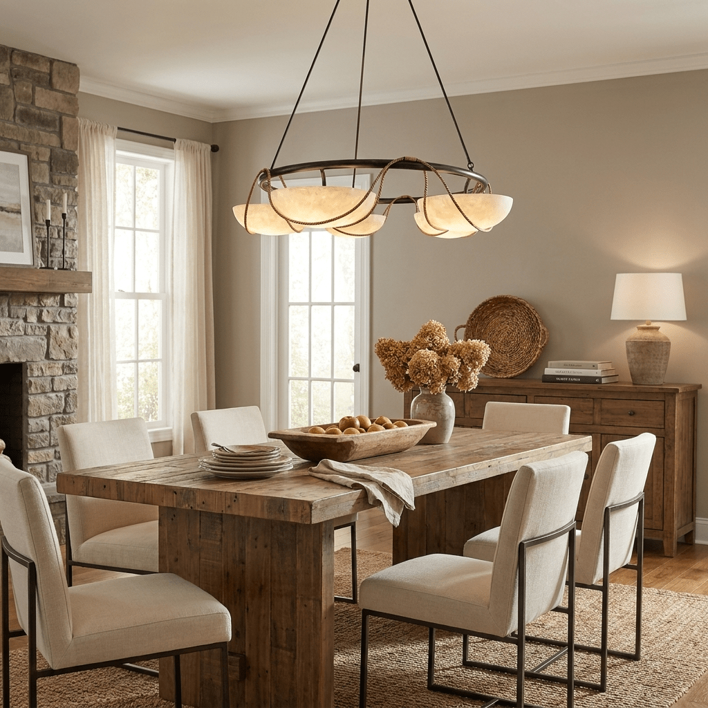Ring Chandelier for Dining & Living Room – Alabaster Bowl Pendant Ceiling Light, Modern Warm White Foyer & Entryway Chandelier