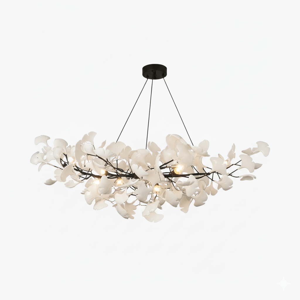 Ginkgo Leaf Chandelier for Dining Room & Living Room – Brass Sculptural LED Statement Chandelier, Modern Foyer & Stairwell Ceiling Light
