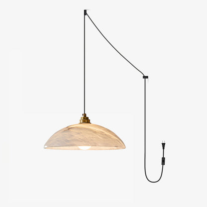 Plug-In Dome Pendant Light for Bedside & Entryway – Brass Alabaster Swag Ceiling Light, Warm Modern Bedroom Hanging Lamp
