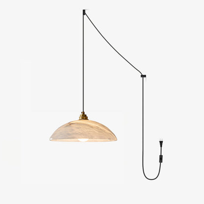 Plug-In Dome Pendant Light for Bedside & Entryway – Brass Alabaster Swag Ceiling Light, Warm Modern Bedroom Hanging Lamp