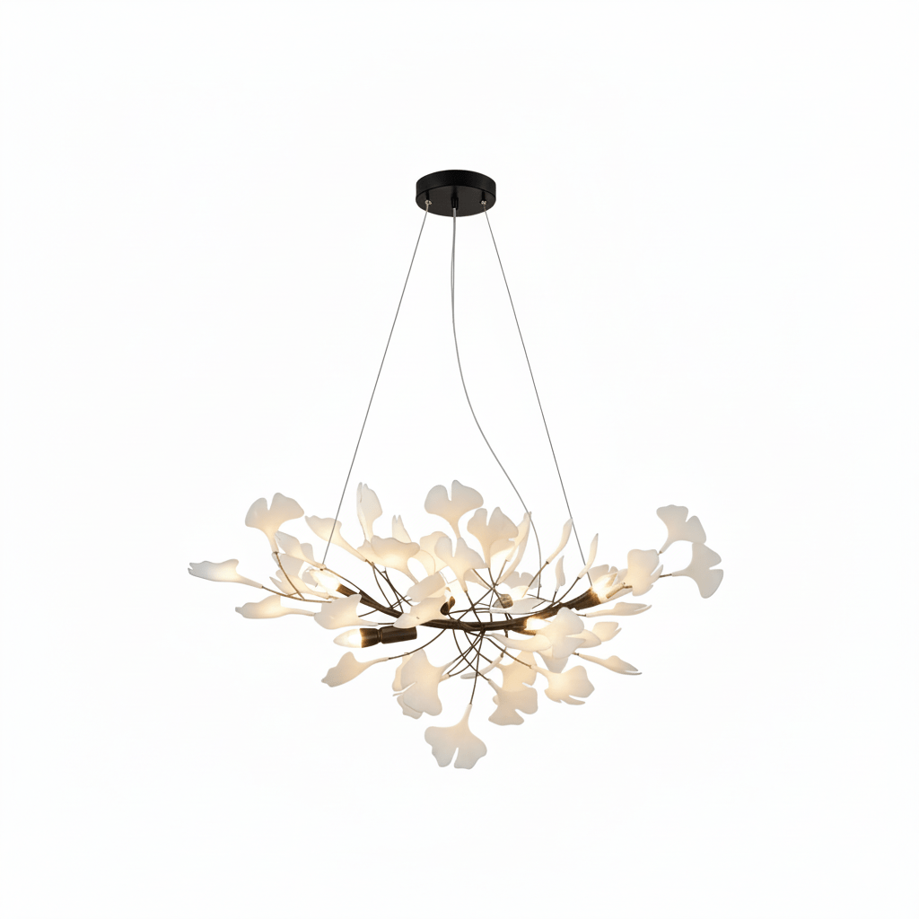Ginkgo Leaf Chandelier for Dining Room & Living Room – Brass Sculptural LED Statement Chandelier, Modern Foyer & Stairwell Ceiling Light