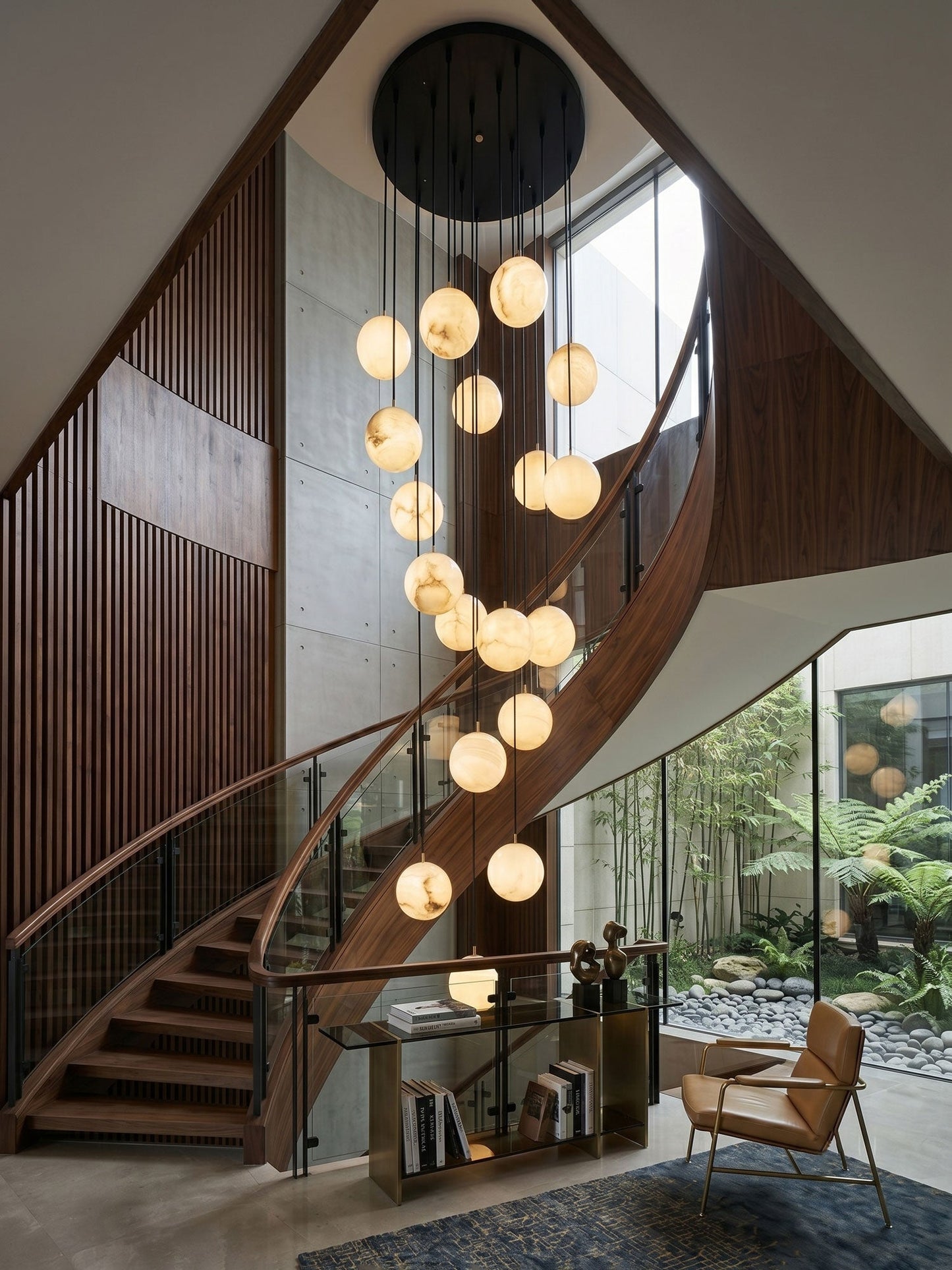 Ball Cluster Chandelier for Staircase & Foyer – Alabaster Multi-Head Pendant, Modern Black & White High-Ceiling Ceiling Light
