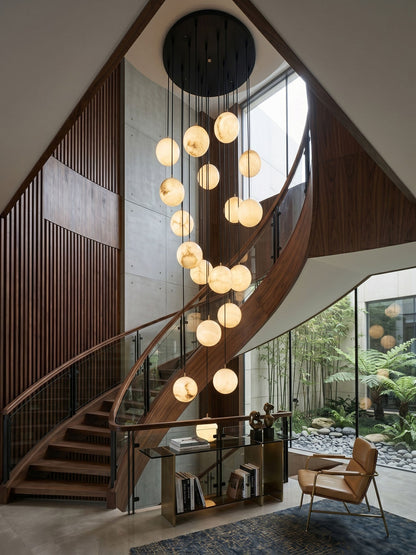Ball Cluster Chandelier for Staircase & Foyer – Alabaster Multi-Head Pendant, Modern Black & White High-Ceiling Ceiling Light