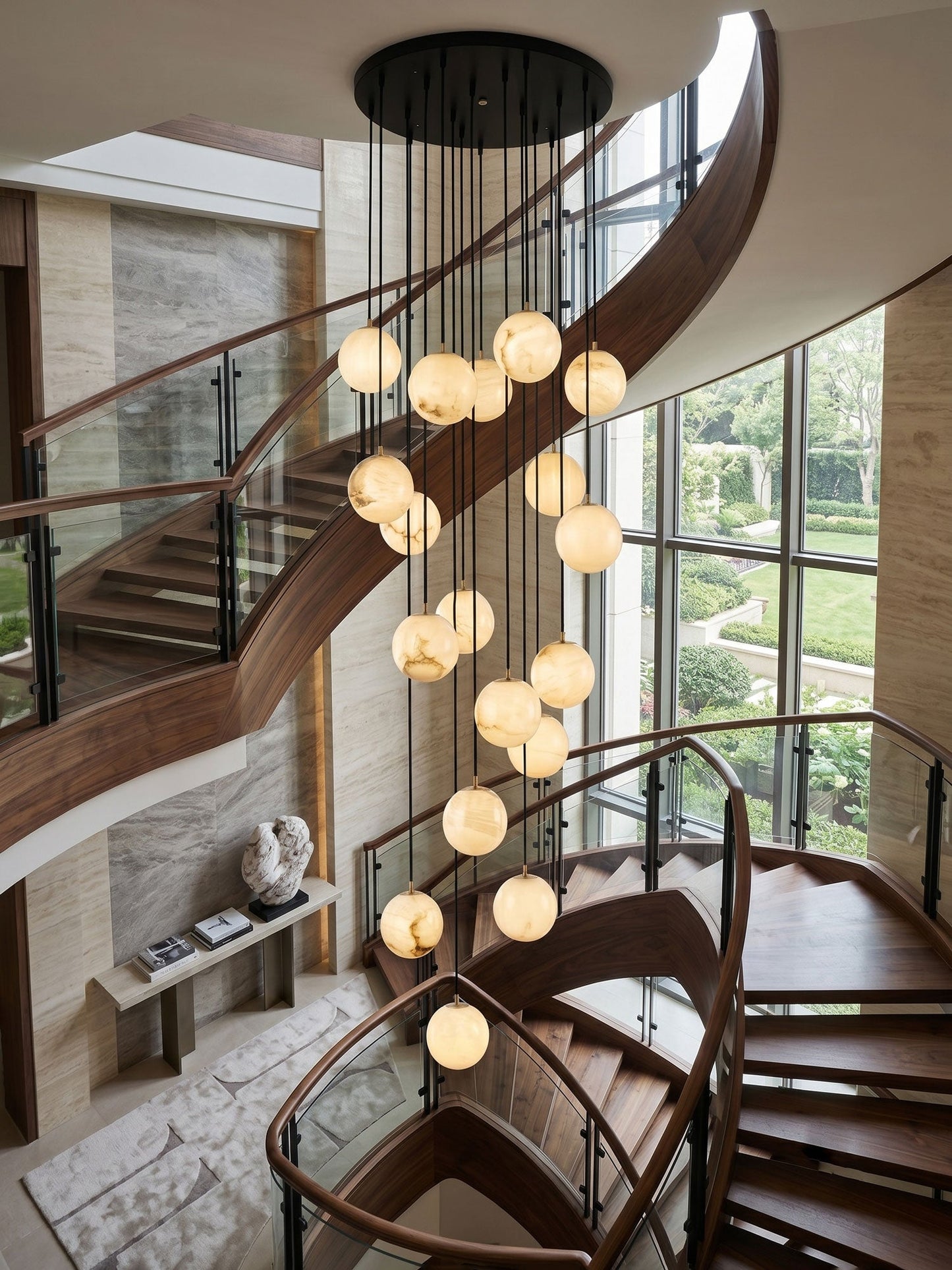 Ball Cluster Chandelier for Staircase & Foyer – Alabaster Multi-Head Pendant, Modern Black & White High-Ceiling Ceiling Light
