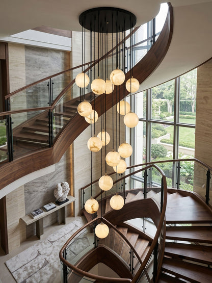 Ball Cluster Chandelier for Staircase & Foyer – Alabaster Multi-Head Pendant, Modern Black & White High-Ceiling Ceiling Light
