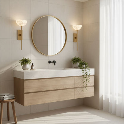 Cup Wall Sconce for Bedside & Hallway – Gold Alabaster Wall Light, Warm Modern Bedroom, Living Room & Entryway Wall Lamp