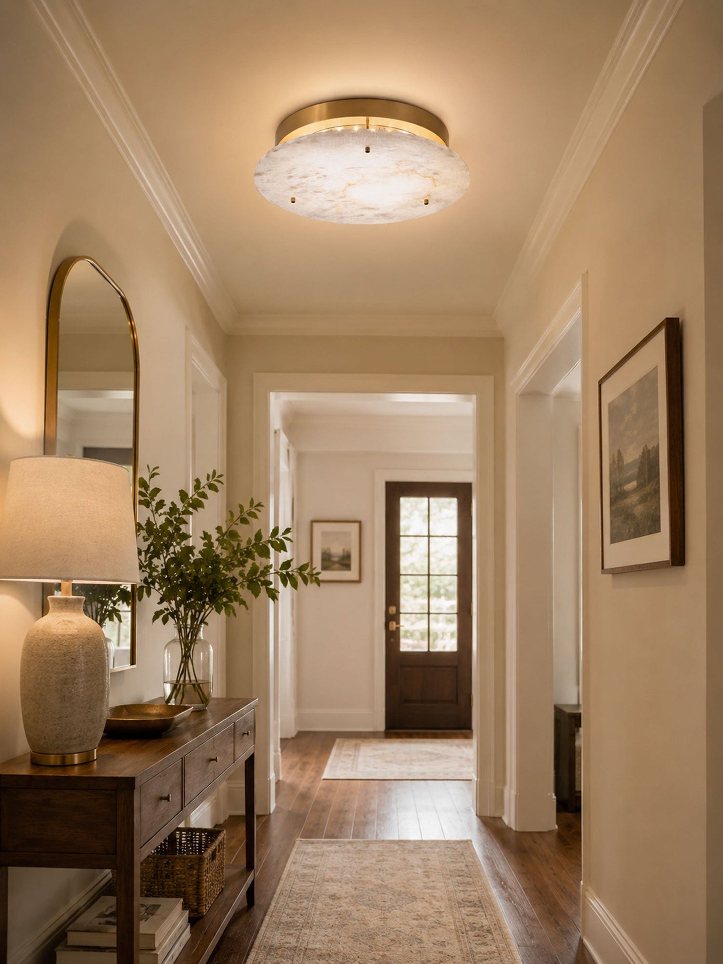 Disc Flush Mount Ceiling Light for Hallway & Bedroom – Gold Alabaster Low-Profile Light, Warm Dimmable Entryway & Kitchen Fixture