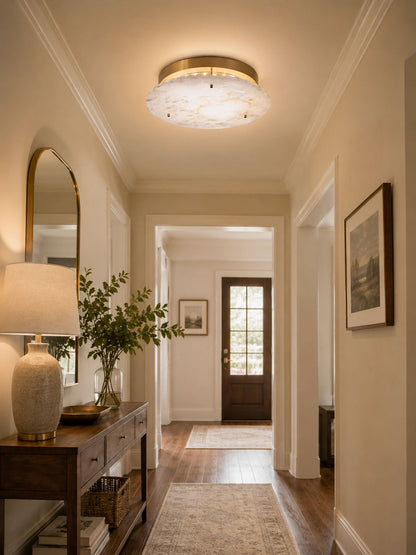 Disc Flush Mount Ceiling Light for Hallway & Bedroom – Gold Alabaster Low-Profile Light, Warm Dimmable Entryway & Kitchen Fixture