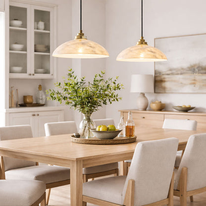 Brass Dome Pendant Light for Kitchen Island & Hallway – Alabaster Ceiling Light, Modern Warm White Dining & Entryway Pendant