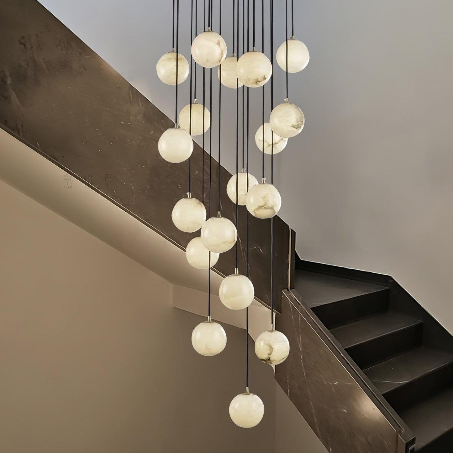 Ball Cluster Chandelier for Staircase & Foyer – Alabaster Multi-Head Pendant, Modern Black & White High-Ceiling Ceiling Light
