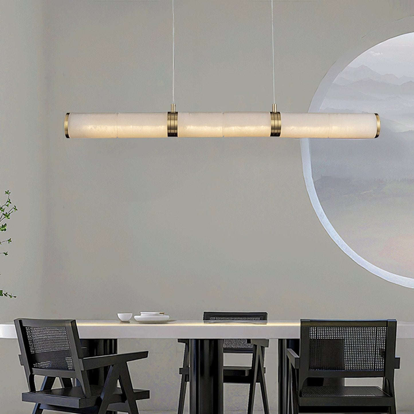 Beam Pendant Light for Kitchen Island & Dining – Brass Alabaster Linear Bar Chandelier, Modern Warm White Ceiling Light