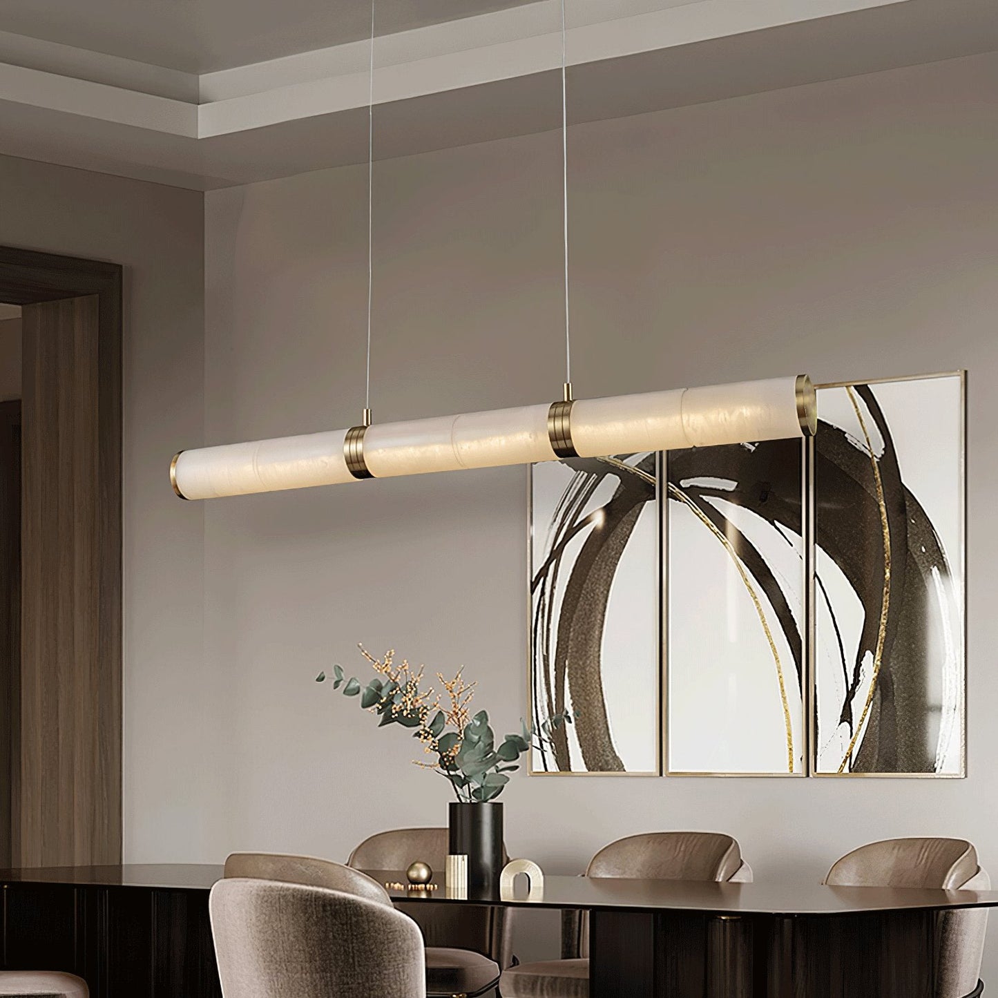 Beam Pendant Light for Kitchen Island & Dining – Brass Alabaster Linear Bar Chandelier, Modern Warm White Ceiling Light