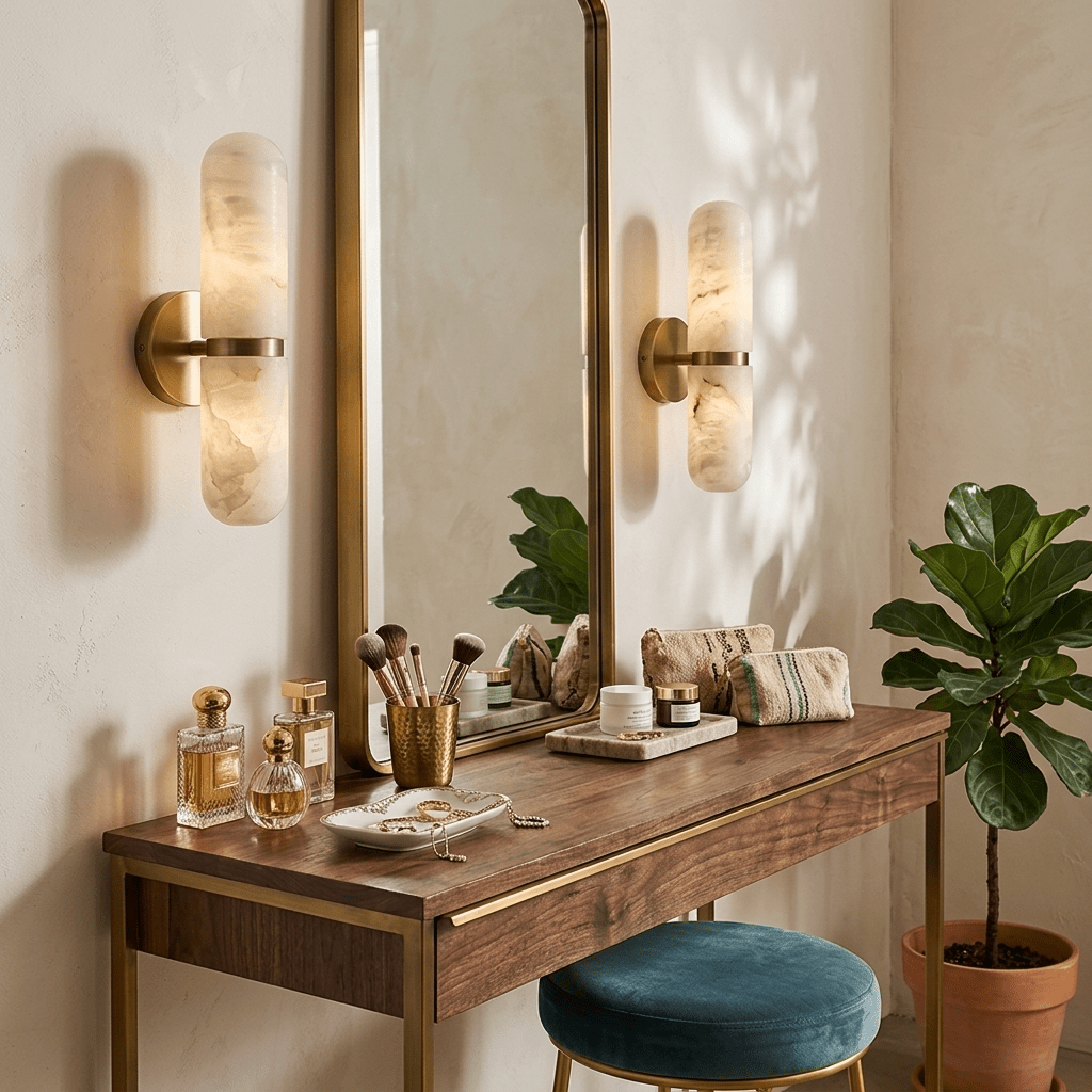 Capsule Wall Sconce for Bedroom & Living Room – Brass Alabaster Bedside Wall Light, Warm Dimmable Hallway & Entryway Reading Sconce