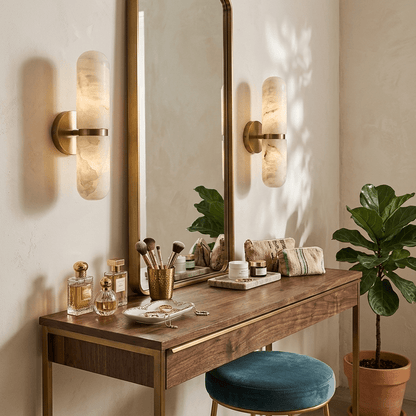 Capsule Wall Sconce for Bedroom & Living Room – Brass Alabaster Bedside Wall Light, Warm Dimmable Hallway & Entryway Reading Sconce