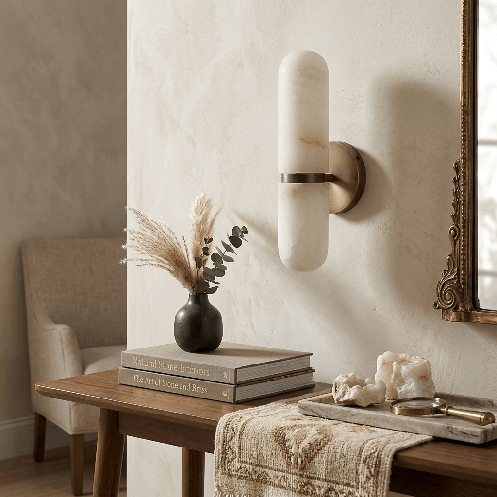 Capsule Wall Sconce for Bedroom & Living Room – Brass Alabaster Bedside Wall Light, Warm Dimmable Hallway & Entryway Reading Sconce
