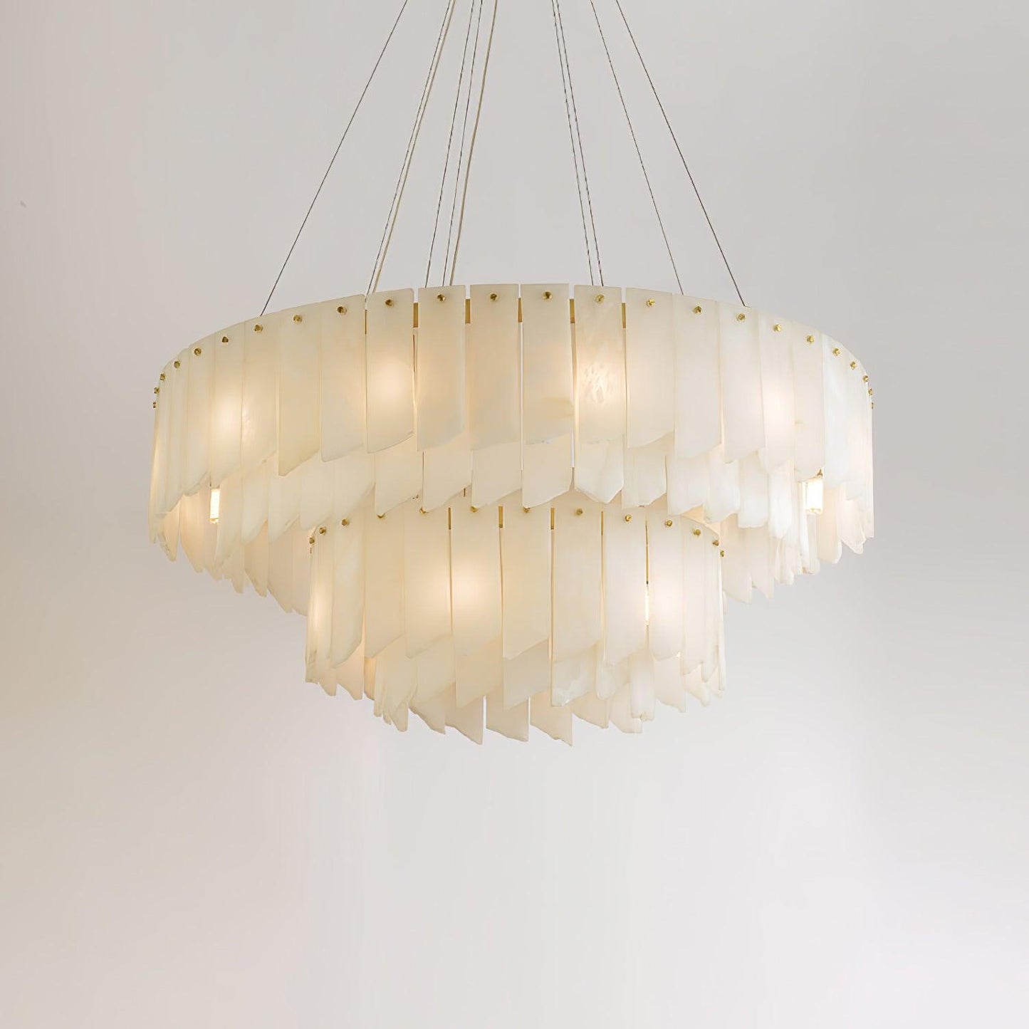 Tiered Staircase Chandelier for Foyer & Stairwell – Brass Alabaster Cascade Pendant, Large Modern High-Ceiling Chandelier
