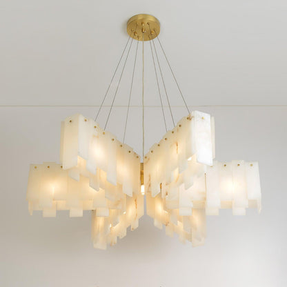 Tiered Staircase Chandelier for Foyer & Stairwell – Brass Alabaster Cascade Pendant, Large Modern High-Ceiling Chandelier
