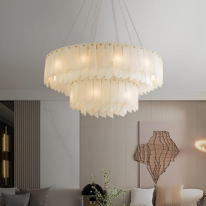 Tiered Staircase Chandelier for Foyer & Stairwell – Brass Alabaster Cascade Pendant, Large Modern High-Ceiling Chandelier