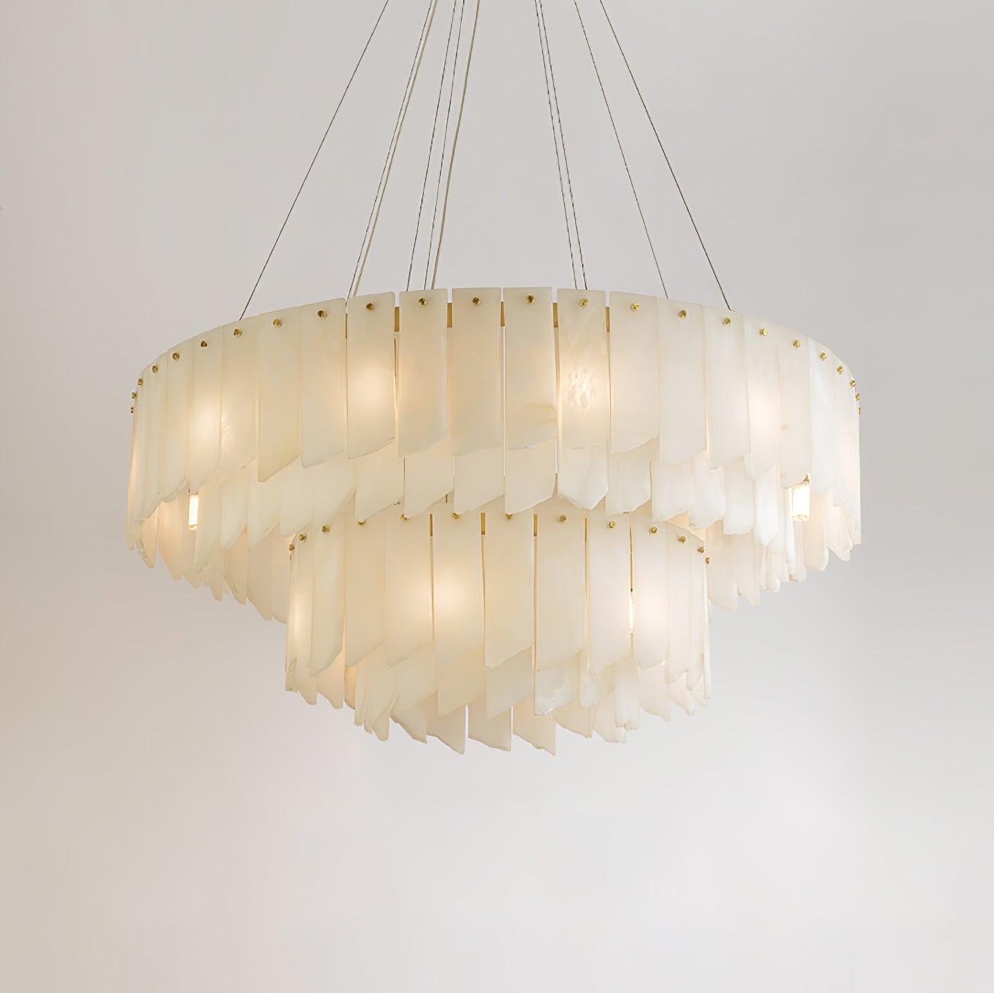 Tiered Staircase Chandelier for Foyer & Stairwell – Brass Alabaster Cascade Pendant, Large Modern High-Ceiling Chandelier