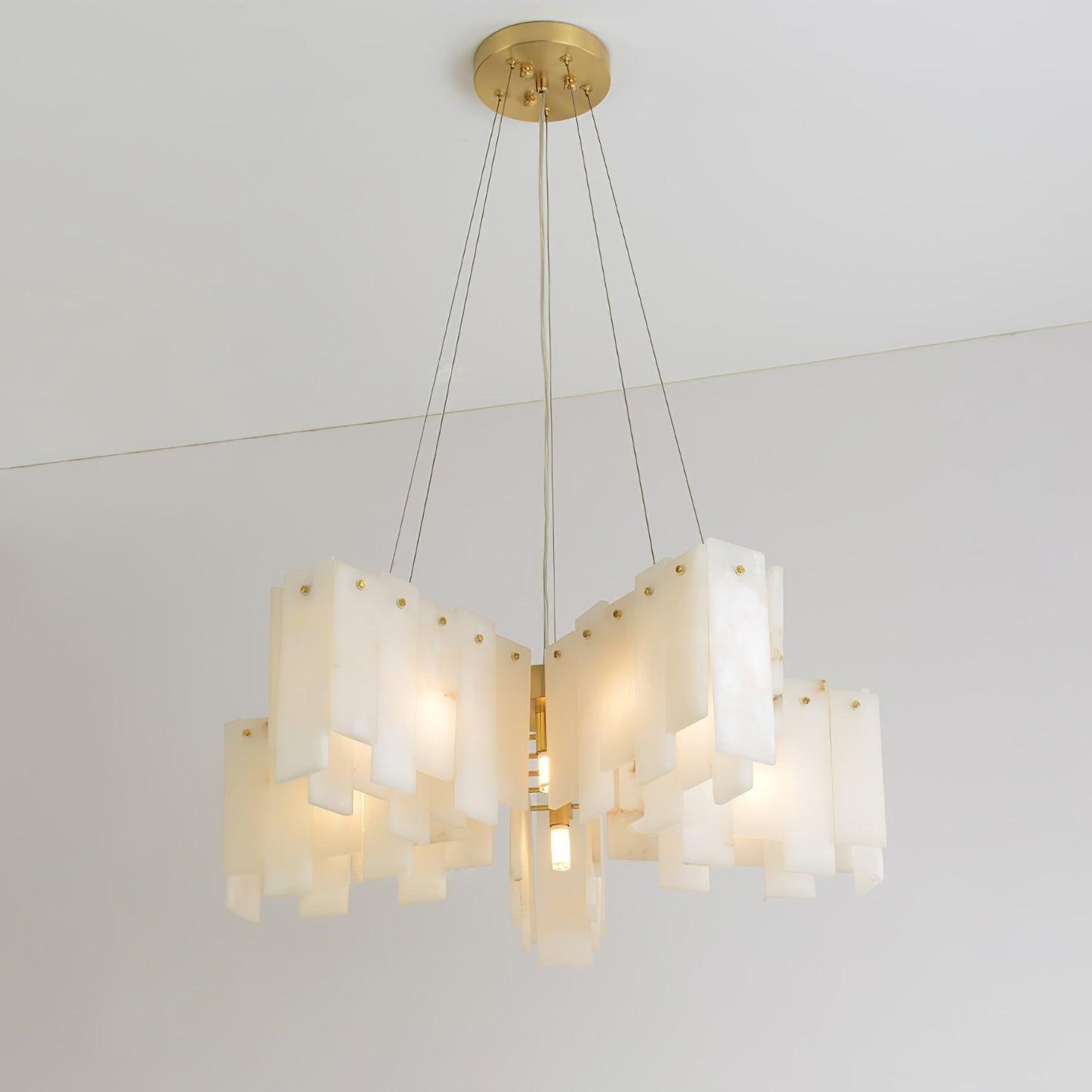 Tiered Staircase Chandelier for Foyer & Stairwell – Brass Alabaster Cascade Pendant, Large Modern High-Ceiling Chandelier
