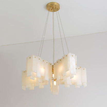 Tiered Staircase Chandelier for Foyer & Stairwell – Brass Alabaster Cascade Pendant, Large Modern High-Ceiling Chandelier