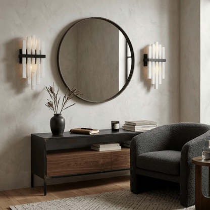 Cascade Wall Sconce for Staircase & Bedside – Black & White Alabaster Wall Light, Modern Warm Hallway & Bedroom Wall Lamp
