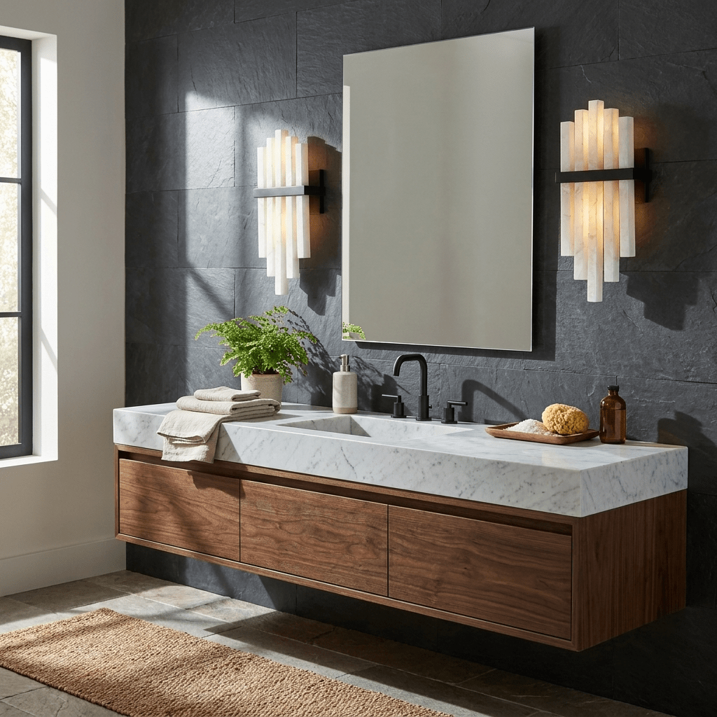 Cascade Wall Sconce for Staircase & Bedside – Black & White Alabaster Wall Light, Modern Warm Hallway & Bedroom Wall Lamp