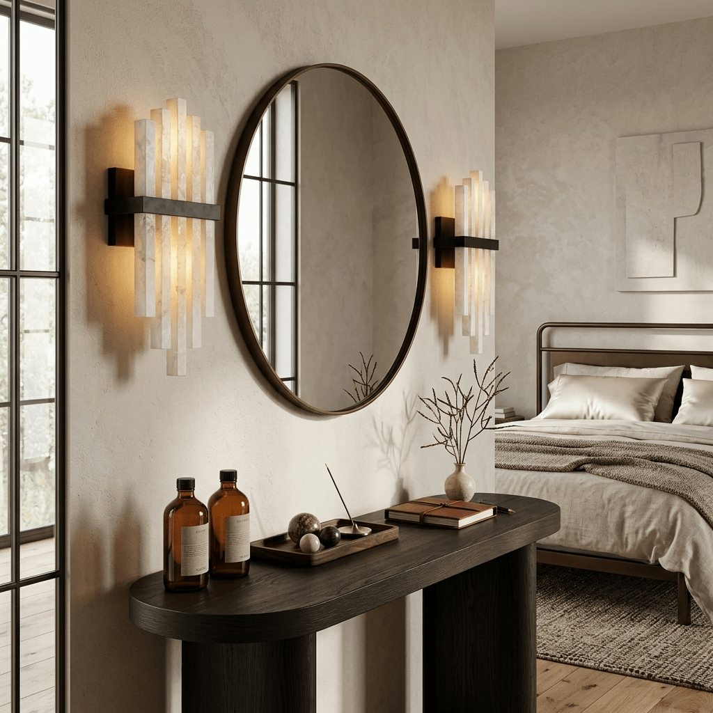 Cascade Wall Sconce for Staircase & Bedside – Black & White Alabaster Wall Light, Modern Warm Hallway & Bedroom Wall Lamp