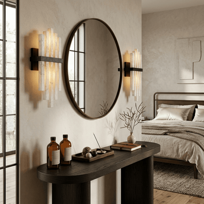 Cascade Wall Sconce for Staircase & Bedside – Black & White Alabaster Wall Light, Modern Warm Hallway & Bedroom Wall Lamp
