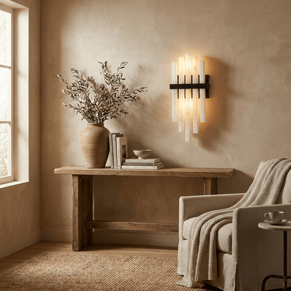 Cascade Wall Sconce for Staircase & Bedside – Black & White Alabaster Wall Light, Modern Warm Hallway & Bedroom Wall Lamp