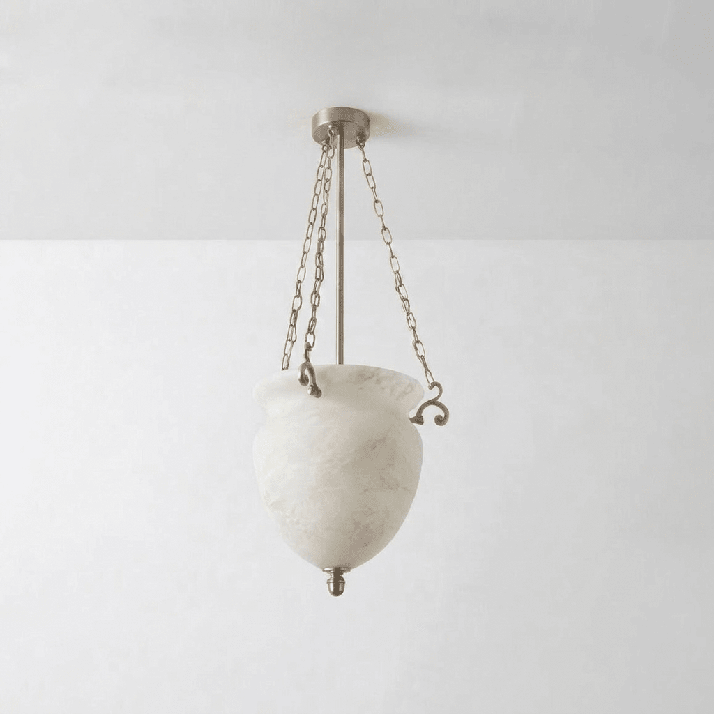 Carved Urn Pendant Light for Entryway & Kitchen – Chain-Hung Brass Alabaster Ceiling Light, Modern Warm White Foyer Pendant