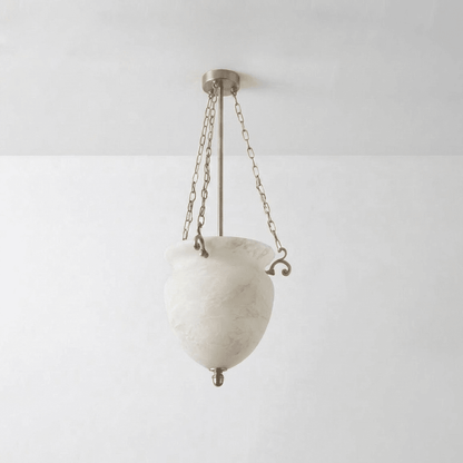 Carved Urn Pendant Light for Entryway & Kitchen – Chain-Hung Brass Alabaster Ceiling Light, Modern Warm White Foyer Pendant
