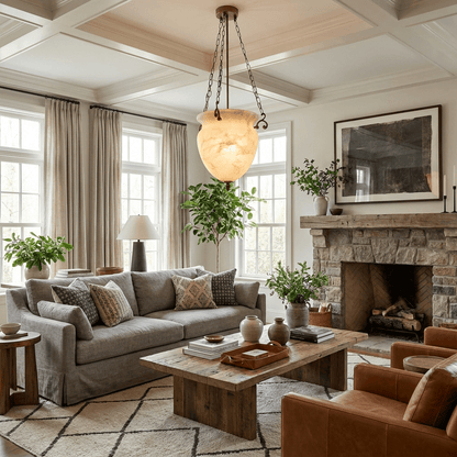 Carved Urn Pendant Light for Entryway & Kitchen – Chain-Hung Brass Alabaster Ceiling Light, Modern Warm White Foyer Pendant