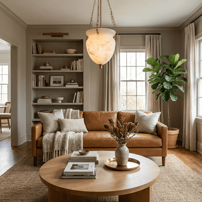 Carved Urn Pendant Light for Entryway & Kitchen – Chain-Hung Brass Alabaster Ceiling Light, Modern Warm White Foyer Pendant