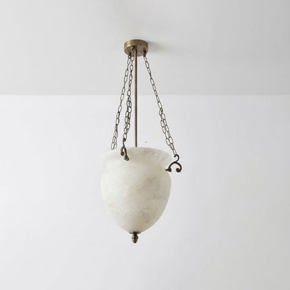 Carved Urn Pendant Light for Entryway & Kitchen – Chain-Hung Brass Alabaster Ceiling Light, Modern Warm White Foyer Pendant