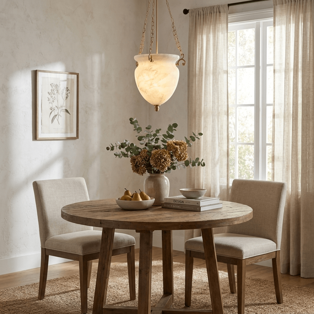 Carved Urn Pendant Light for Entryway & Kitchen – Chain-Hung Brass Alabaster Ceiling Light, Modern Warm White Foyer Pendant